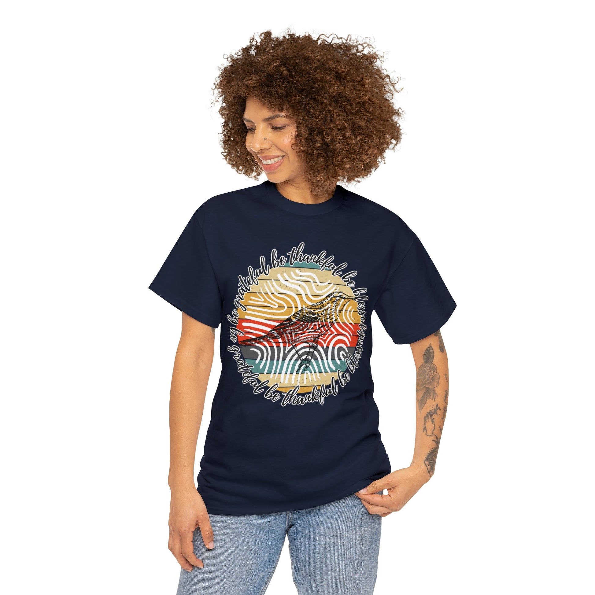 T-Shirt: 'Be Thankful, Be Grateful, Be Blessed' with 70's Pattern and Bird Drawing - Eddy and Rita