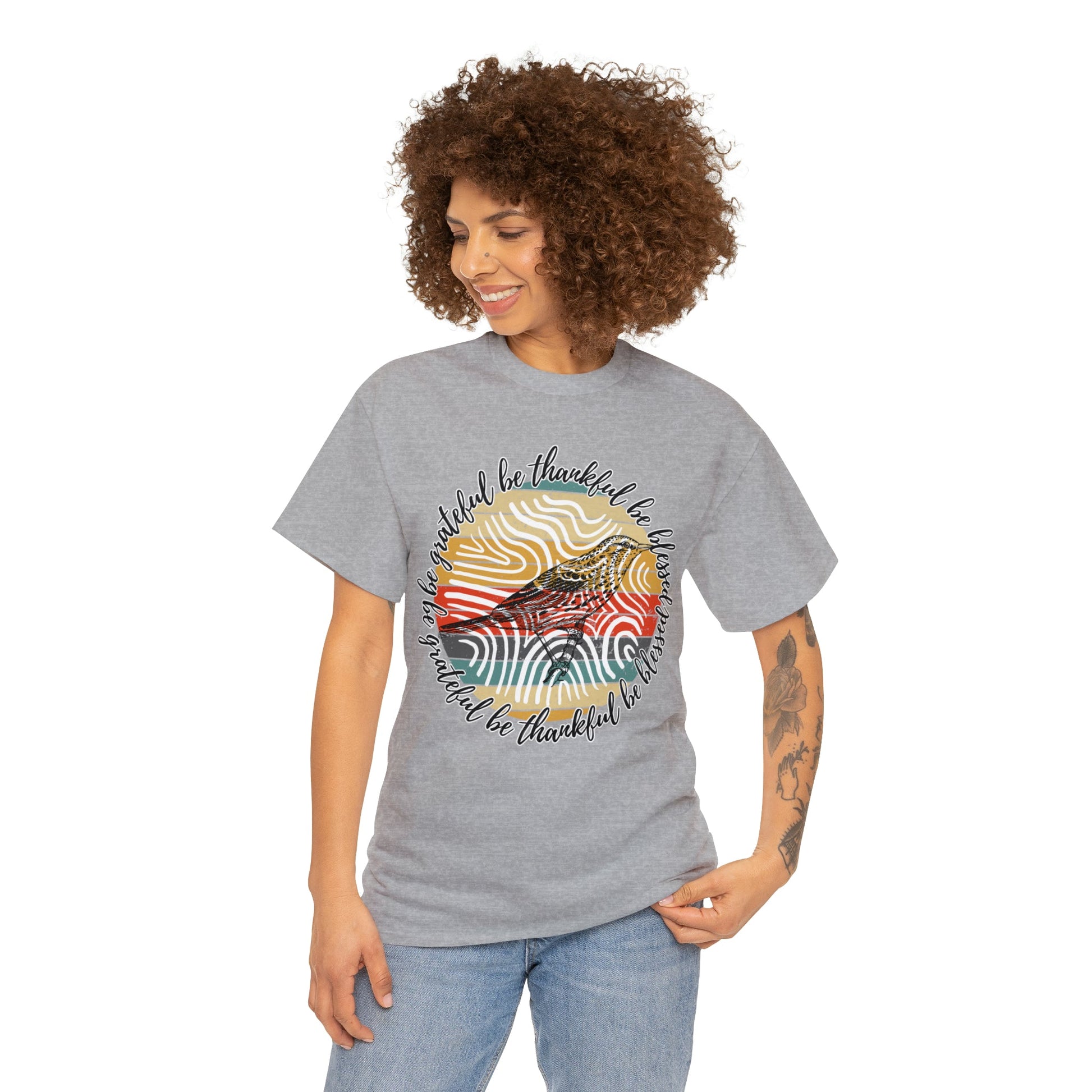 T-Shirt: 'Be Thankful, Be Grateful, Be Blessed' with 70's Pattern and Bird Drawing - Eddy and Rita