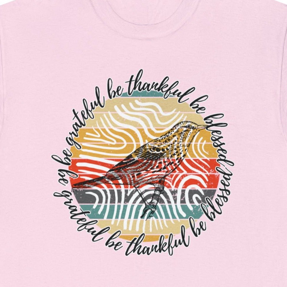 T-Shirt: 'Be Thankful, Be Grateful, Be Blessed' with 70's Pattern and Bird Drawing - Eddy and Rita