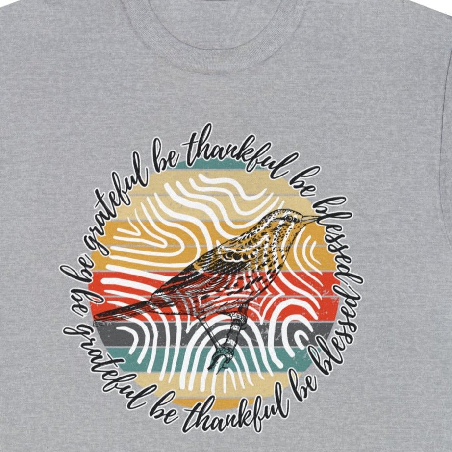 T-Shirt: 'Be Thankful, Be Grateful, Be Blessed' with 70's Pattern and Bird Drawing - Eddy and Rita