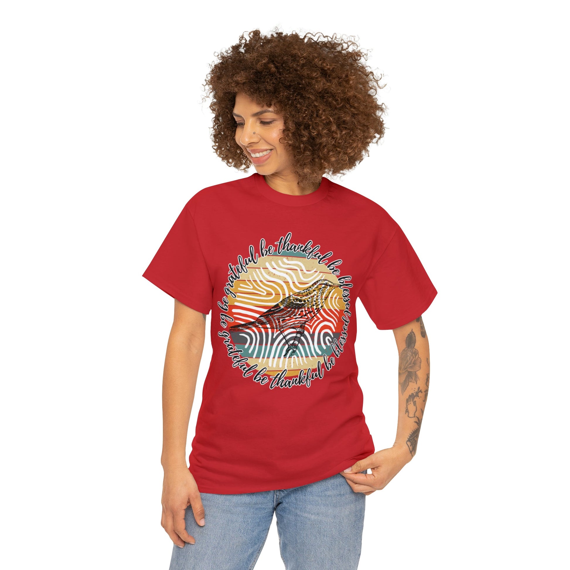 T-Shirt: 'Be Thankful, Be Grateful, Be Blessed' with 70's Pattern and Bird Drawing - Eddy and Rita