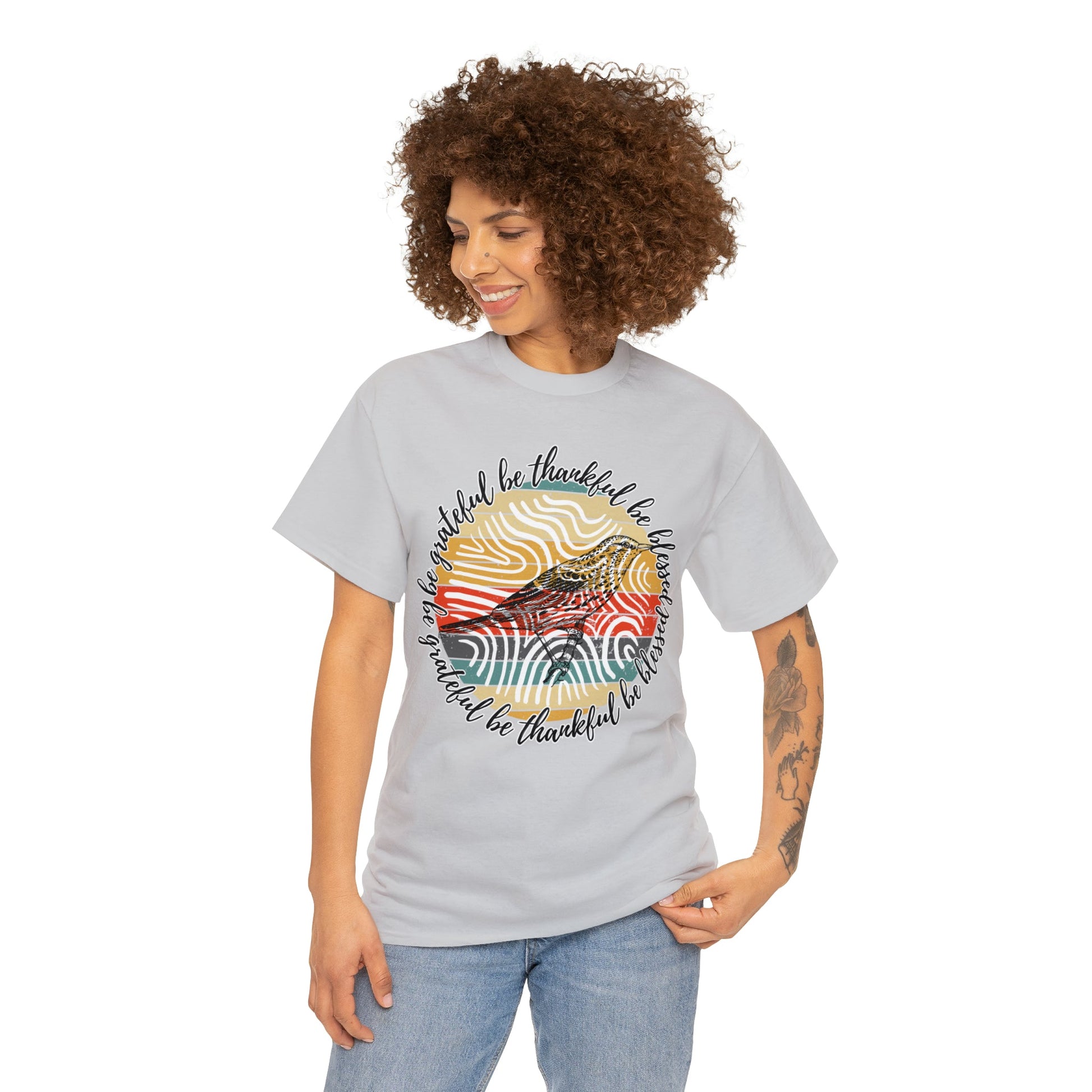 T-Shirt: 'Be Thankful, Be Grateful, Be Blessed' with 70's Pattern and Bird Drawing - Eddy and Rita