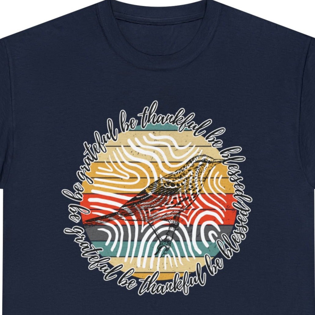 T-Shirt: 'Be Thankful, Be Grateful, Be Blessed' with 70's Pattern and Bird Drawing - Eddy and Rita