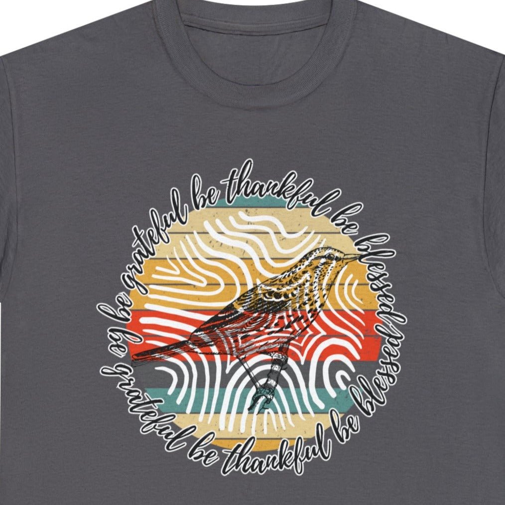 T-Shirt: 'Be Thankful, Be Grateful, Be Blessed' with 70's Pattern and Bird Drawing - Eddy and Rita