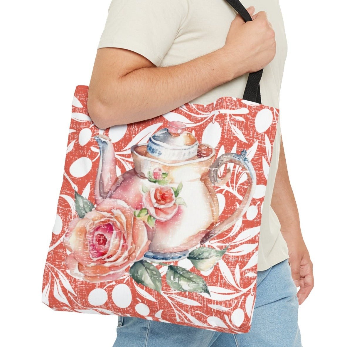 Teapot with Rose on Rose & White Background Large Tote Bag - Elegant Floral Accessory - Eddy and Rita