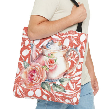 Teapot with Rose on Rose & White Background Large Tote Bag - Elegant Floral Accessory - Eddy and Rita