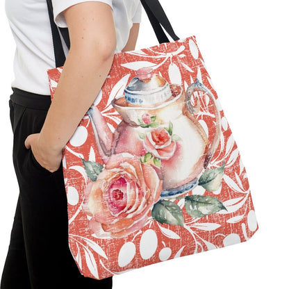 Teapot with Rose on Rose & White Background Large Tote Bag - Elegant Floral Accessory - Eddy and Rita