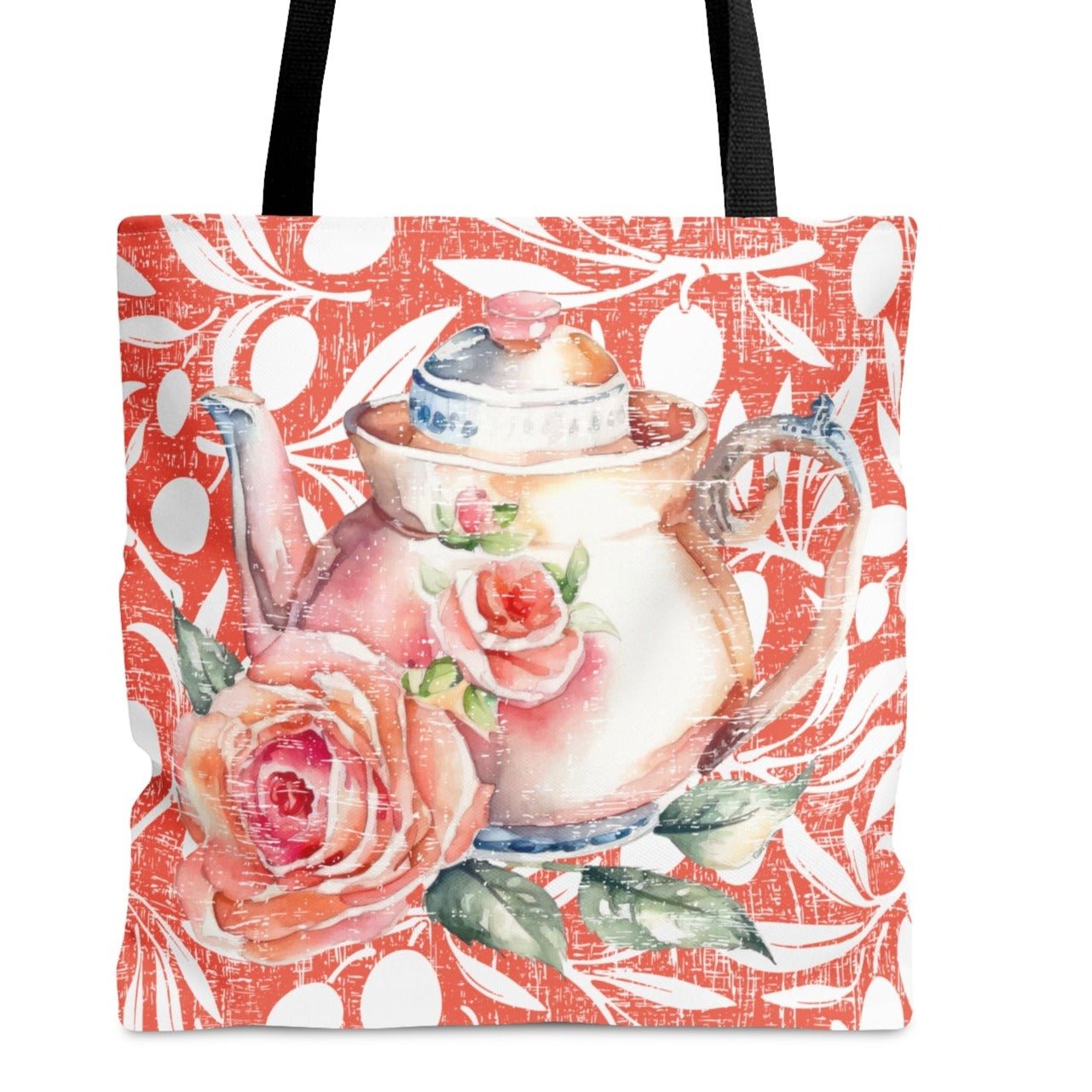 Teapot with Rose on Rose & White Background Large Tote Bag - Elegant Floral Accessory - Eddy and Rita