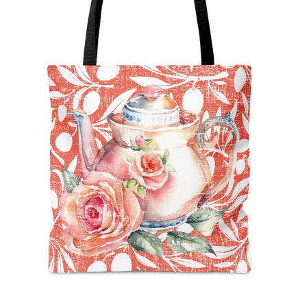 Teapot with Rose on Rose & White Background Large Tote Bag - Elegant Floral Accessory - Eddy and Rita