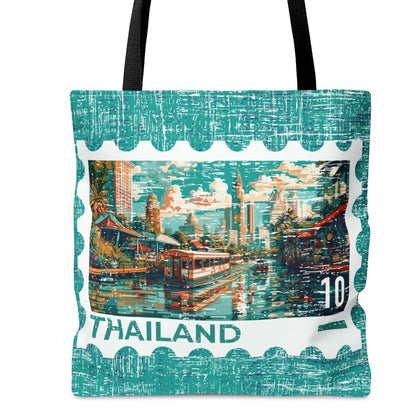 Thailand Postage Stamp Teal Large Tote Bag - Exotic Thai Travel Souvenir - Eddy and Rita