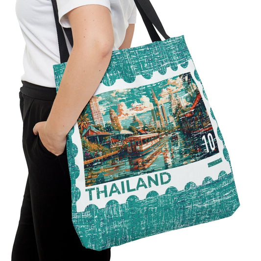 Thailand Postage Stamp Teal Large Tote Bag - Exotic Thai Travel Souvenir - Eddy and Rita