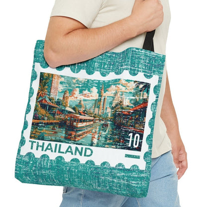 Thailand Postage Stamp Teal Large Tote Bag - Exotic Thai Travel Souvenir - Eddy and Rita