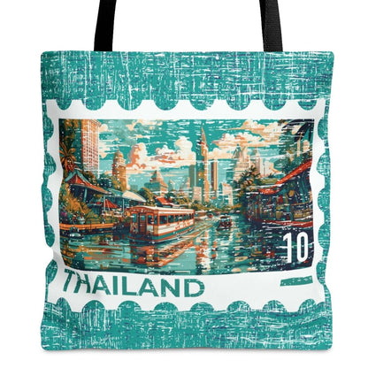 Thailand Postage Stamp Teal Large Tote Bag - Exotic Thai Travel Souvenir - Eddy and Rita