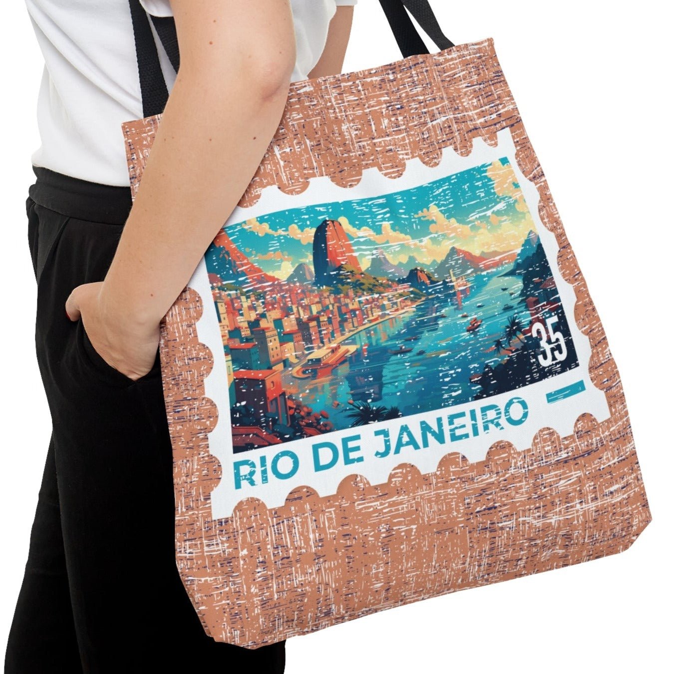 Vibrant Rio De Janeiro Stamp Large Tote Bag - Colorful Brazilian Cityscape on Terra Cotta Background - Eddy and Rita