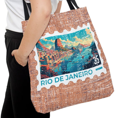 Vibrant Rio De Janeiro Stamp Large Tote Bag - Colorful Brazilian Cityscape on Terra Cotta Background - Eddy and Rita