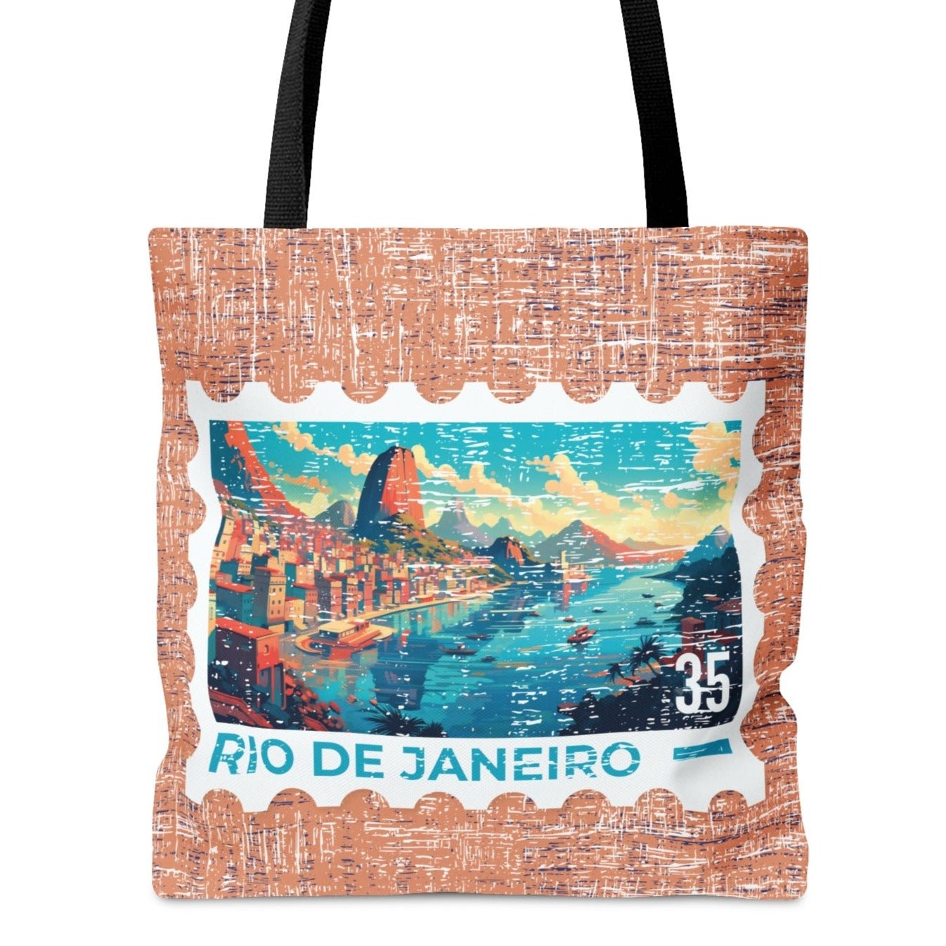 Vibrant Rio De Janeiro Stamp Large Tote Bag - Colorful Brazilian Cityscape on Terra Cotta Background - Eddy and Rita