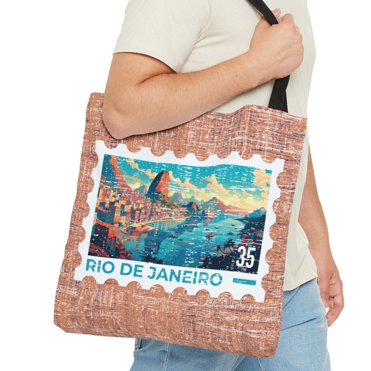 Vibrant Rio De Janeiro Stamp Large Tote Bag - Colorful Brazilian Cityscape on Terra Cotta Background - Eddy and Rita