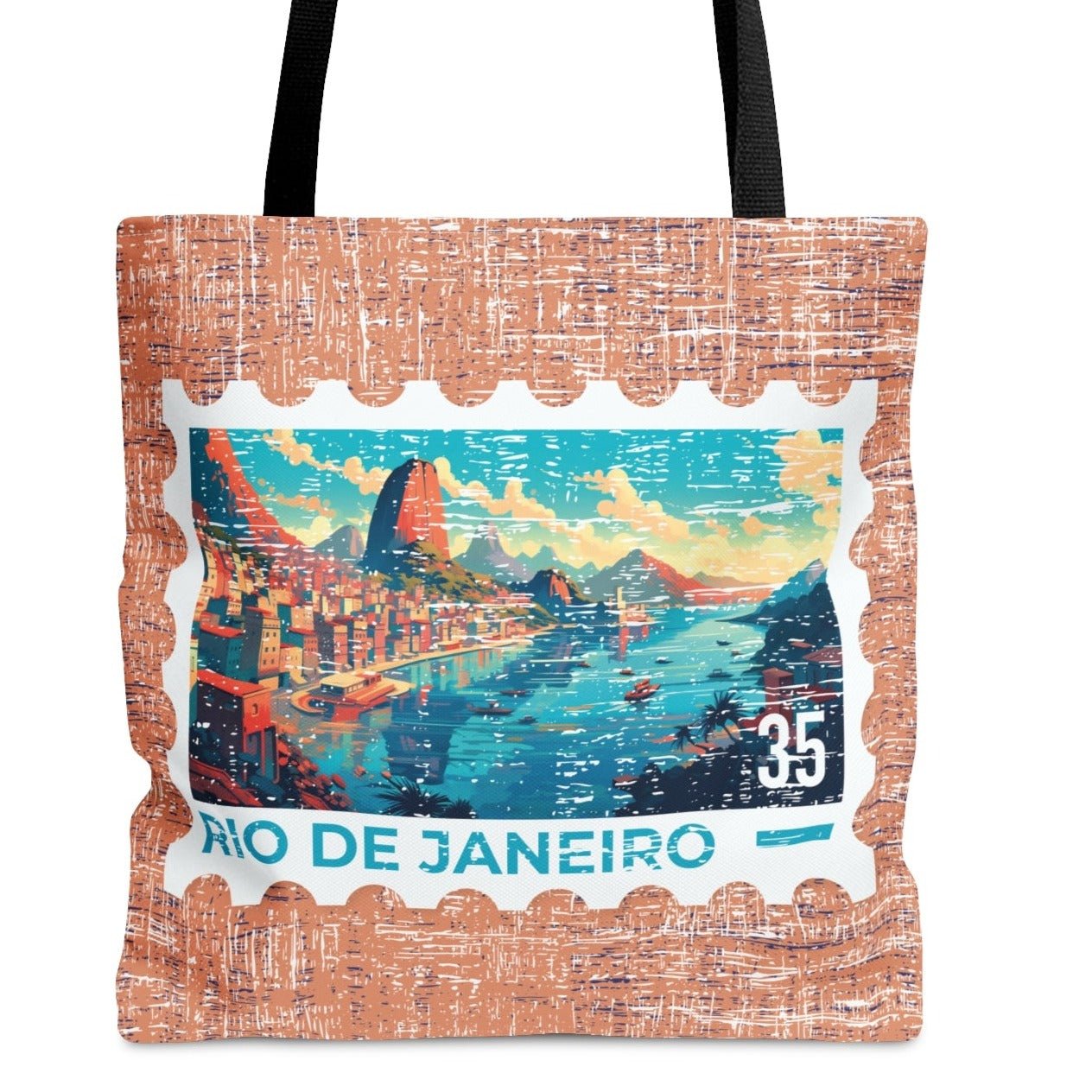 Vibrant Rio De Janeiro Stamp Large Tote Bag - Colorful Brazilian Cityscape on Terra Cotta Background - Eddy and Rita