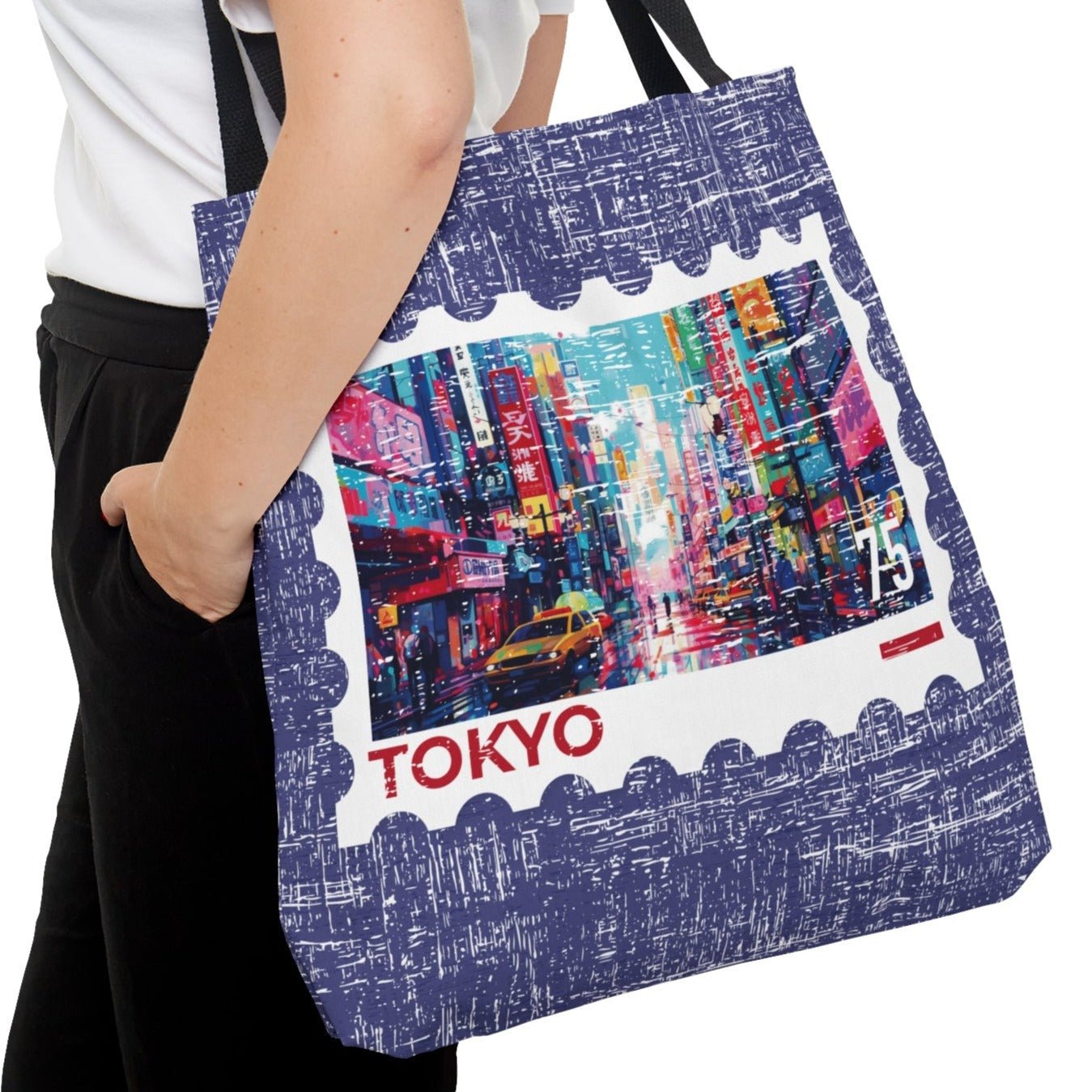 Vibrant Tokyo Stamp Large Tote Bag - Colorful Japanese Cityscape Design - Eddy and Rita