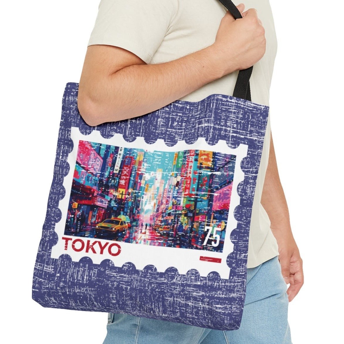 Vibrant Tokyo Stamp Large Tote Bag - Colorful Japanese Cityscape Design - Eddy and Rita
