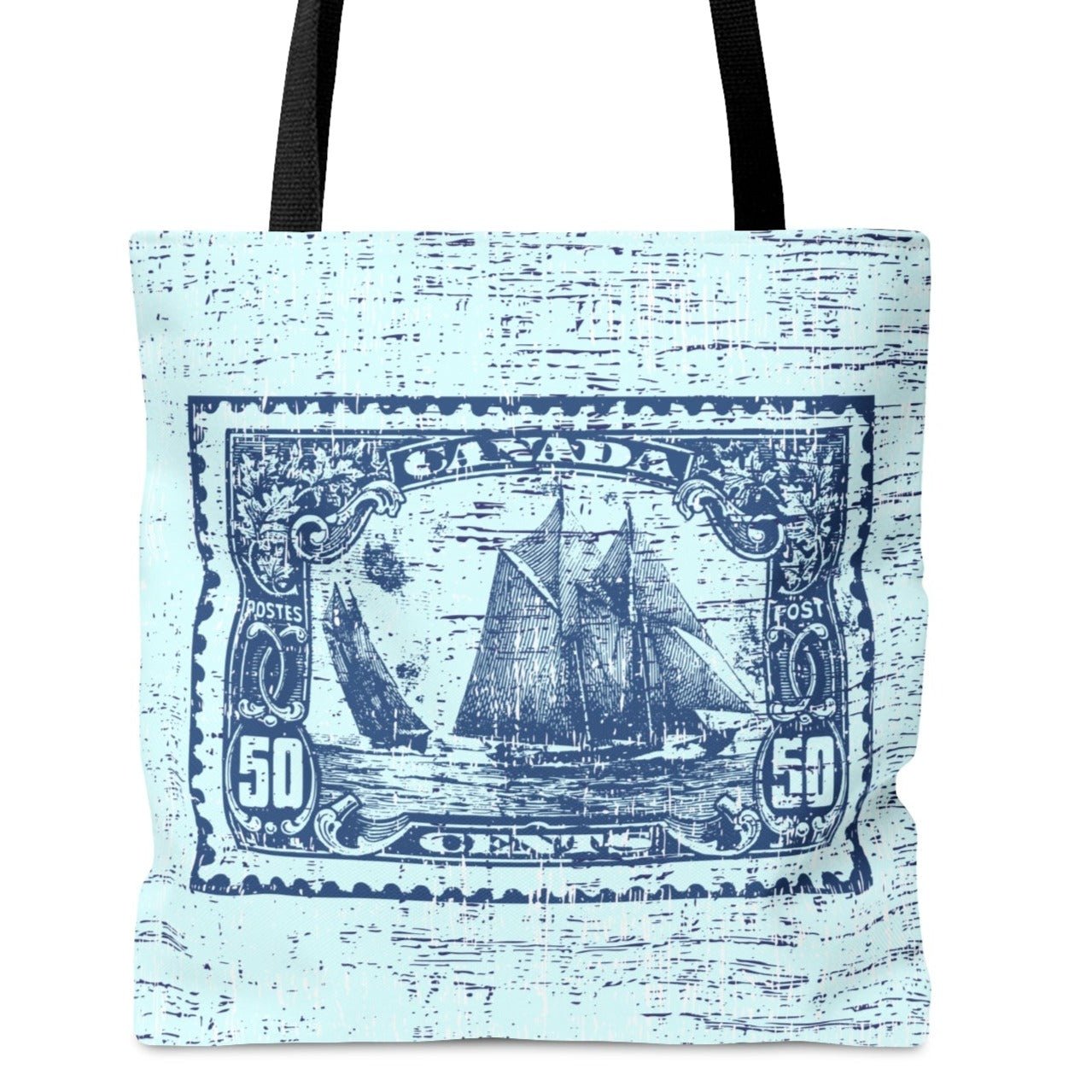 Vintage Canadian Fifty Cent Stamp Tote - Ship Design on Light Tiffany Blue Background - Eddy and Rita