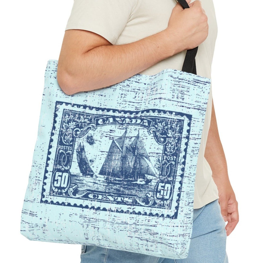 Vintage Canadian Fifty Cent Stamp Tote - Ship Design on Light Tiffany Blue Background - Eddy and Rita