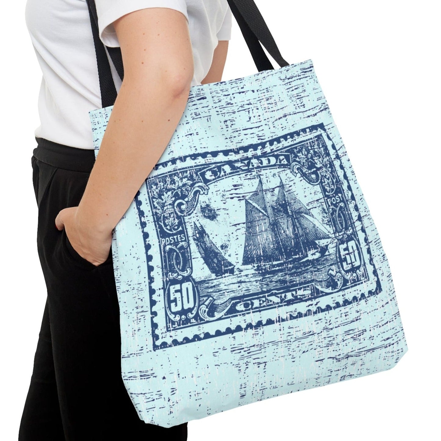 Vintage Canadian Fifty Cent Stamp Tote - Ship Design on Light Tiffany Blue Background - Eddy and Rita