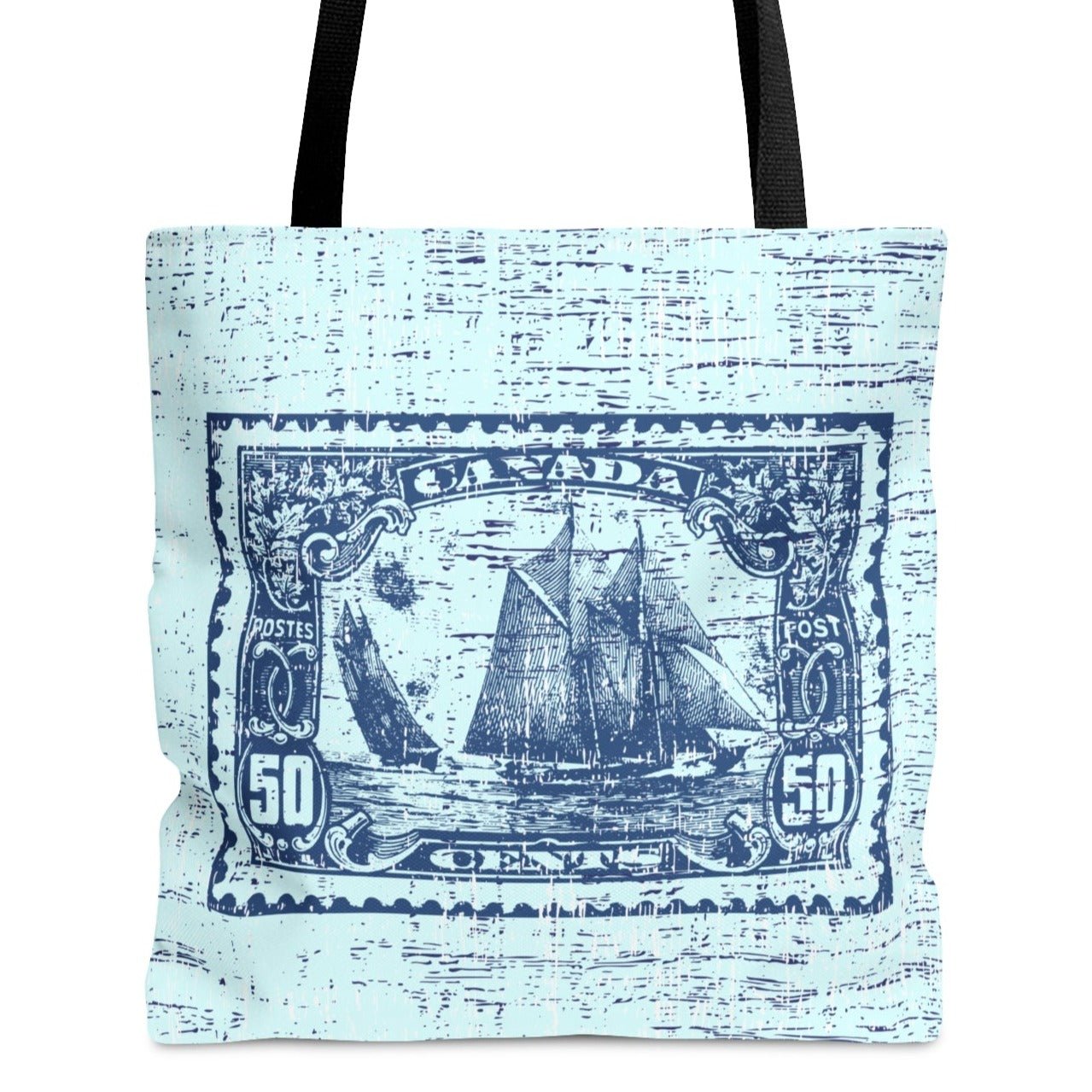 Vintage Canadian Fifty Cent Stamp Tote - Ship Design on Light Tiffany Blue Background - Eddy and Rita