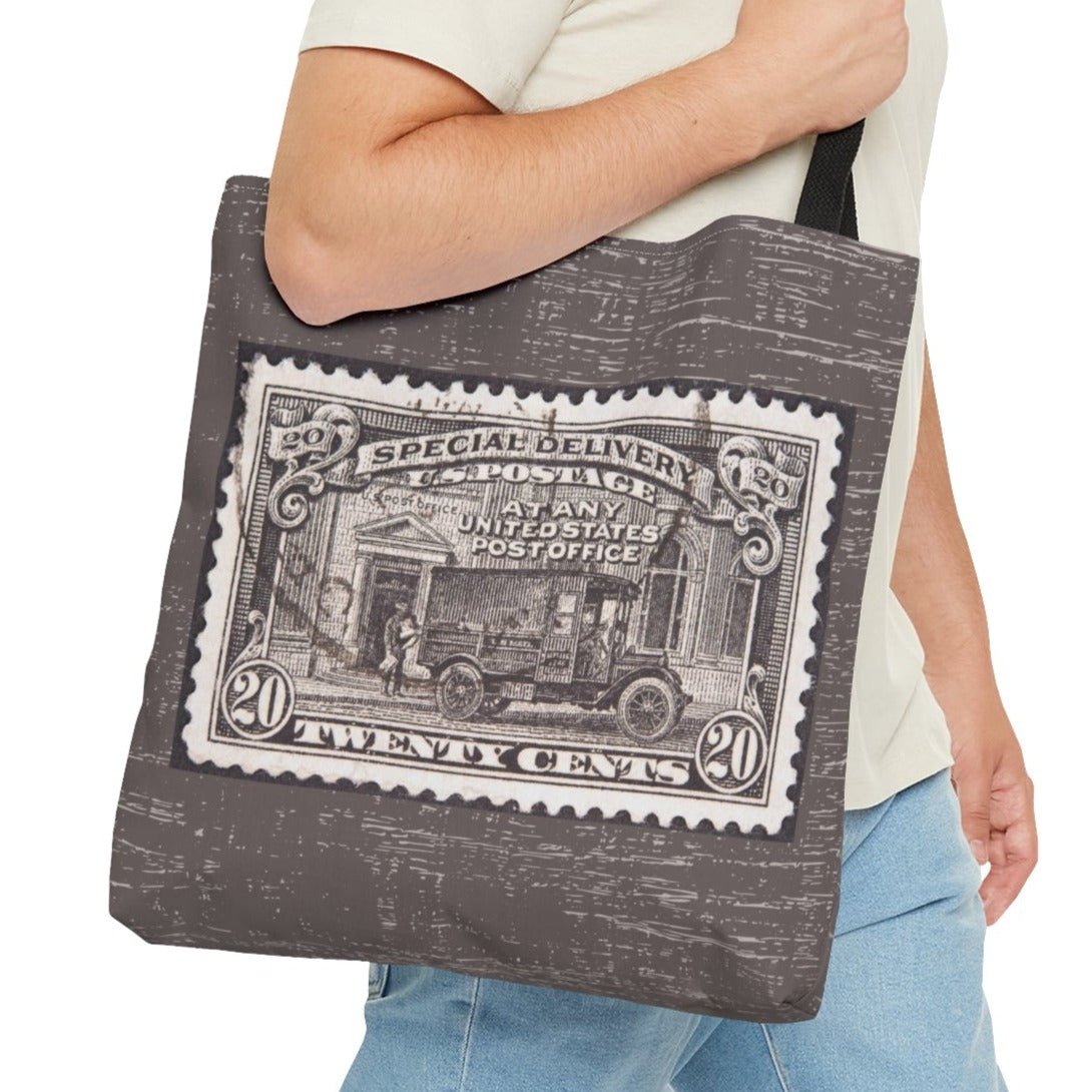 Vintage Twenty Cent Stamp Large Tote Bag - Retro Mocha Background Fashion Accessory - Eddy and Rita