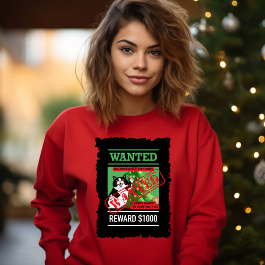 Wanted Reward $1000: Women's Christmas Sweatshirt – Festive Cat-Themed Apparel - Eddy and Rita