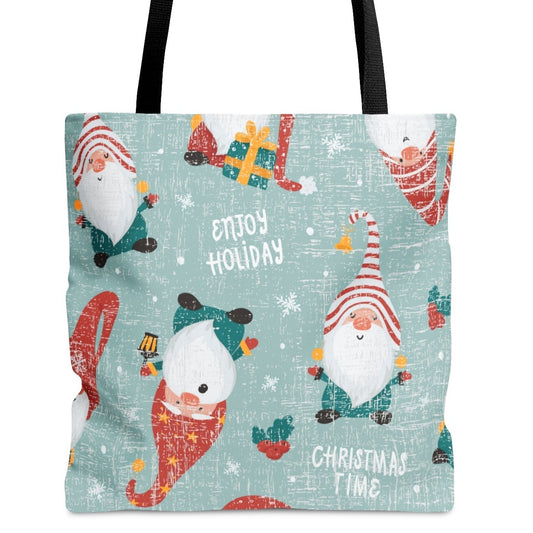 Whimsical Christmas Gnomes on Light Blue Large Tote Bag: Festive Holiday Carryall - Eddy and Rita