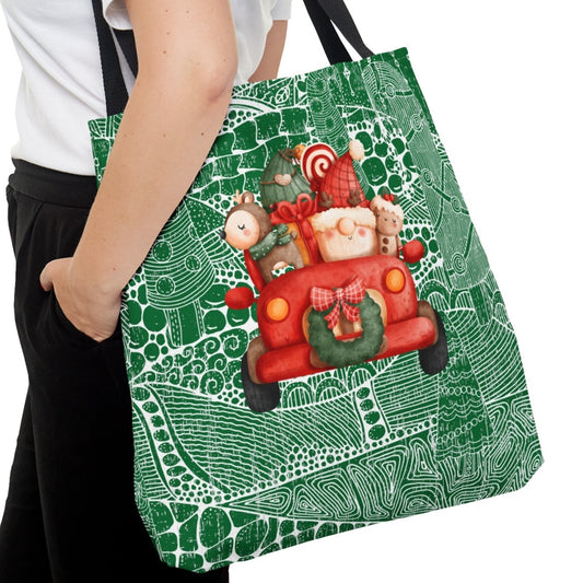 Whimsical Gnome Driving Truck Large Tote Bag: Festive Green Patterned Design - Eddy and Rita