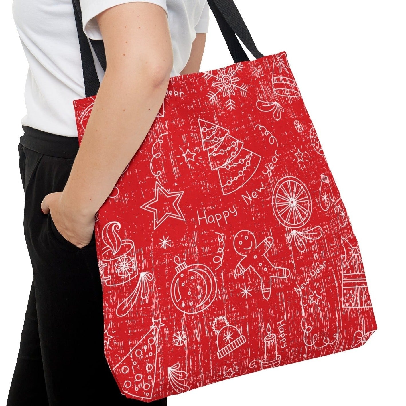 White Christmas Pattern on Red Background Large Tote Bag - Festive Holiday Accessory - Eddy and Rita