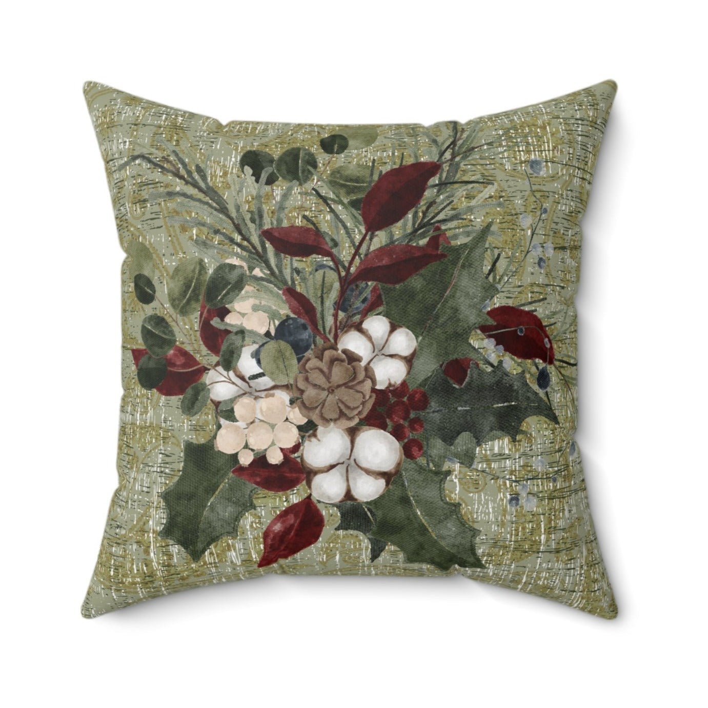 Winter Berries & Botanical Sprigs on Green Spun Polyester Pillow - Eddy and Rita