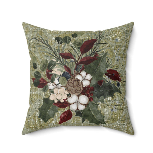 Winter Berries & Botanical Sprigs on Green Spun Polyester Pillow - Eddy and Rita