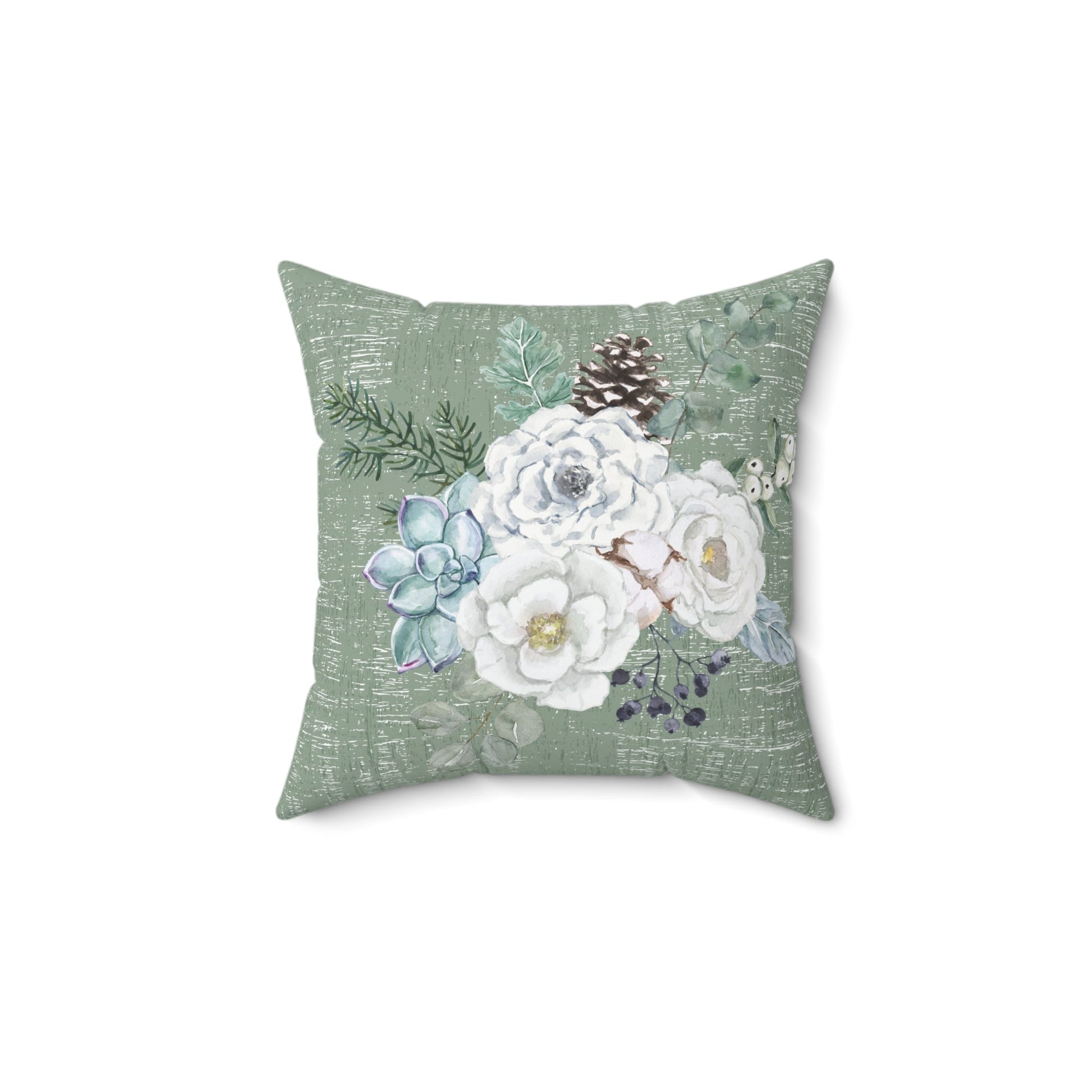 Winter Floral on Neutral Green Spun Polyester Square Pillow - Eddy and Rita