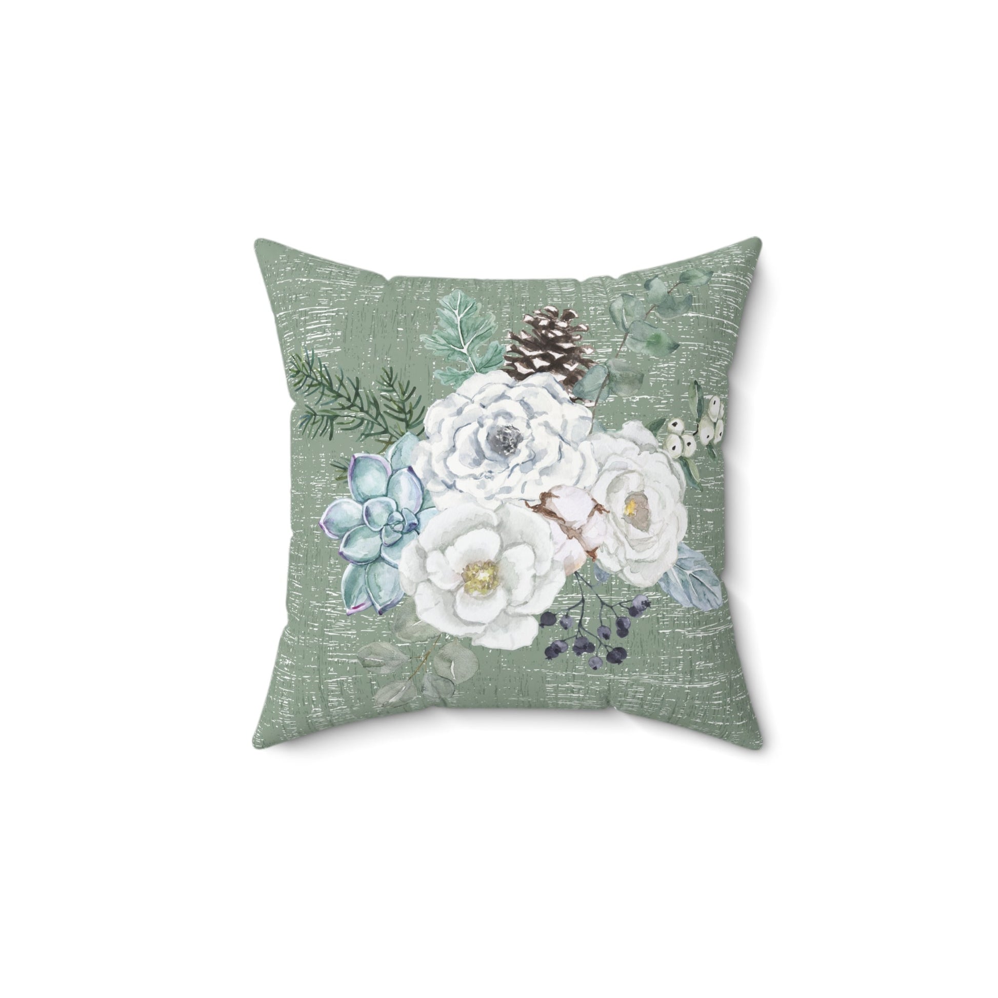 Winter Floral on Neutral Green Spun Polyester Square Pillow - Eddy and Rita