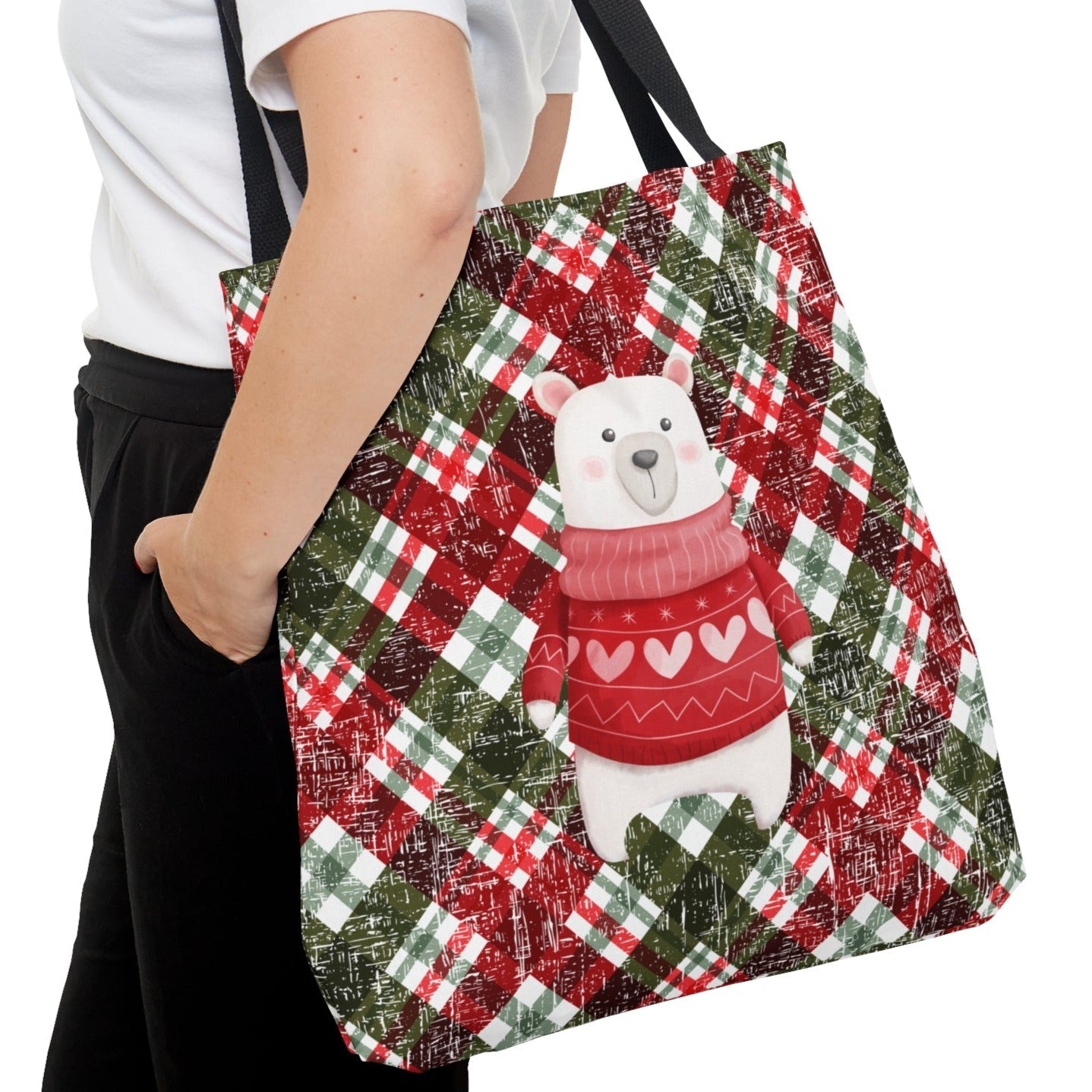 Winter Polar Bear in Sweater Large Tote Bag: Festive Holiday Plaid Design - Eddy and Rita