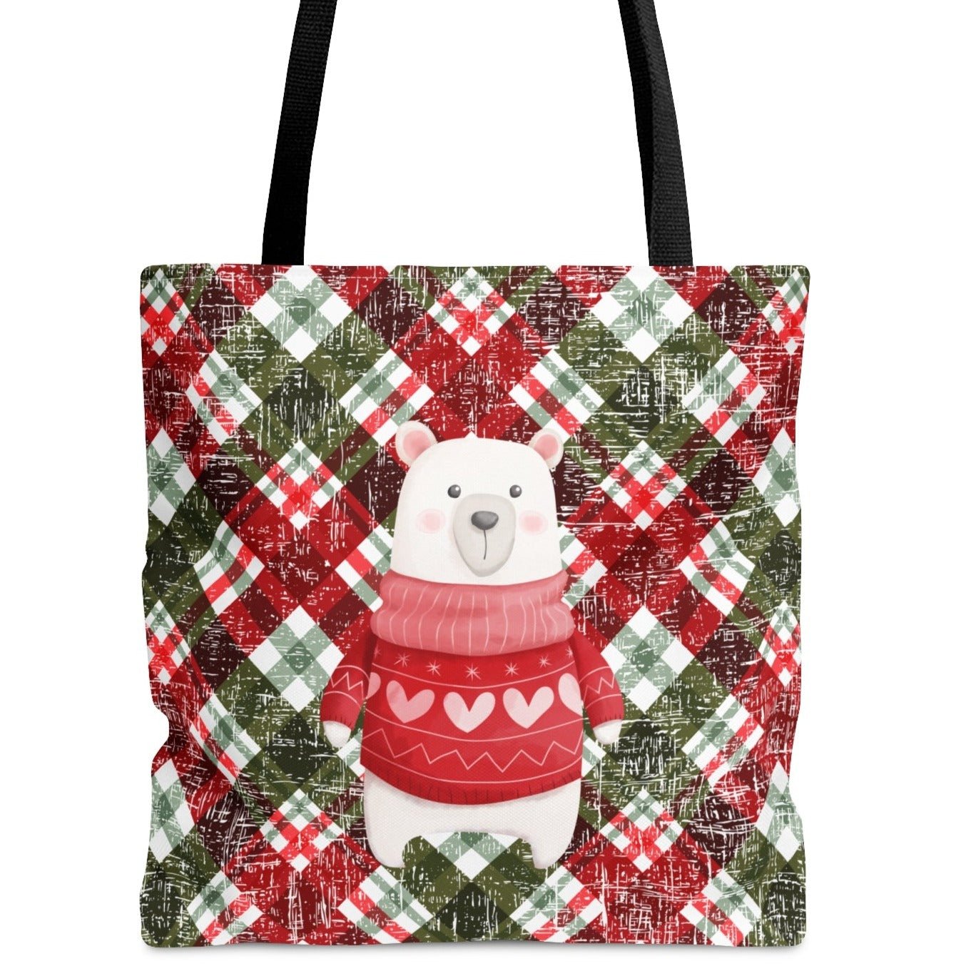 Winter Polar Bear in Sweater Large Tote Bag: Festive Holiday Plaid Design - Eddy and Rita