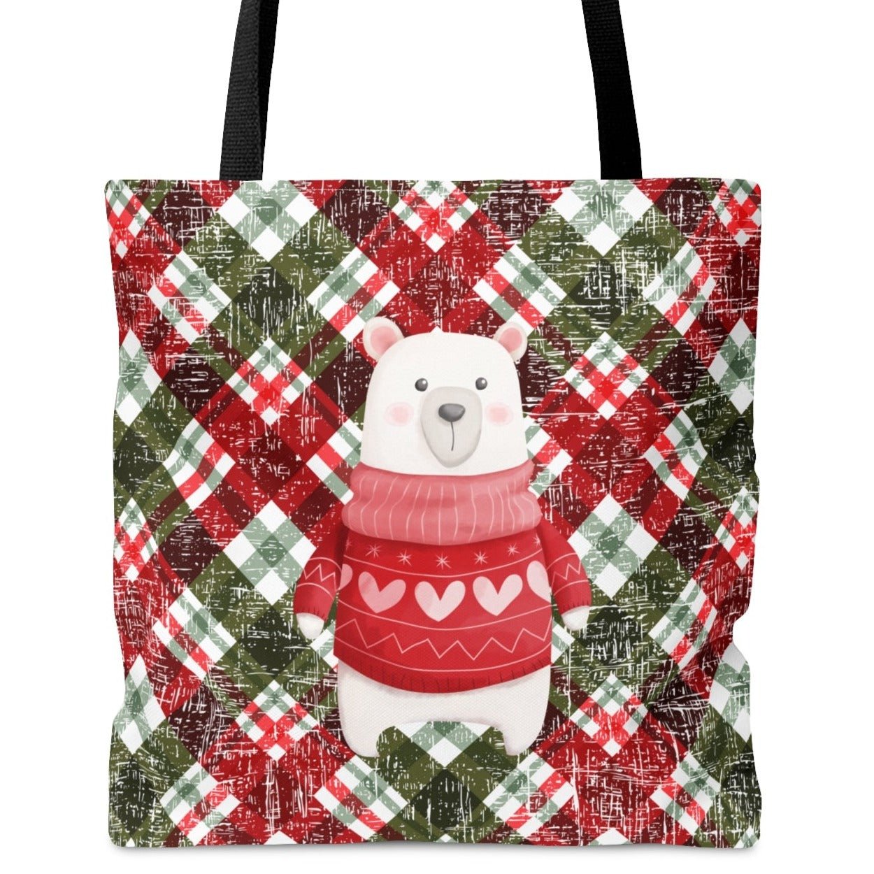 Winter Polar Bear in Sweater Large Tote Bag: Festive Holiday Plaid Design - Eddy and Rita