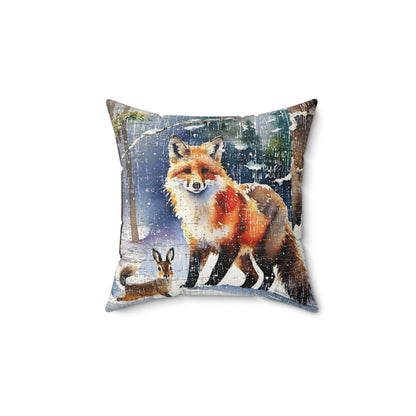 Winter Wonderland Fox and Rabbit Spun Polyester Square Pillow - Eddy and Rita