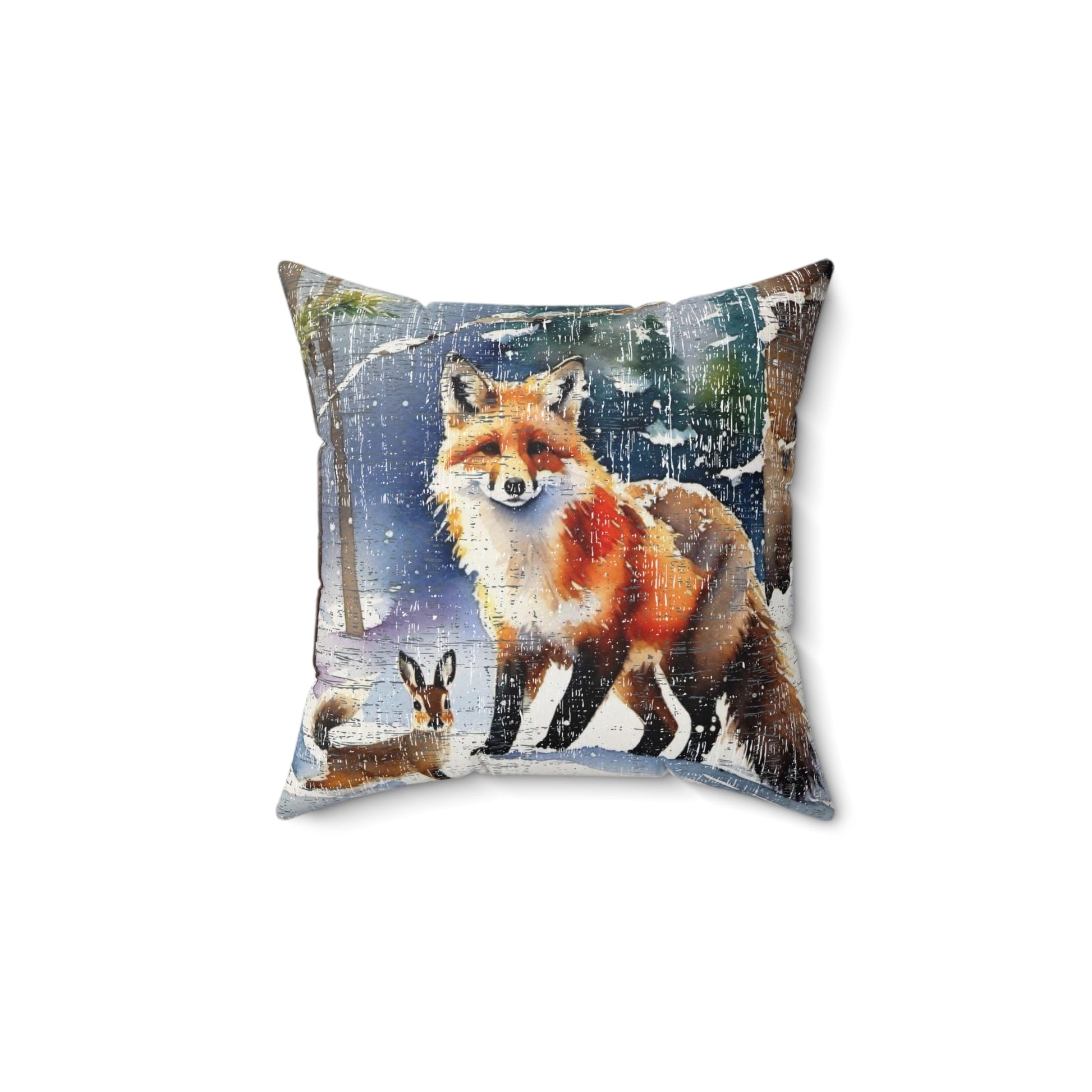 Winter Wonderland Fox and Rabbit Spun Polyester Square Pillow - Eddy and Rita