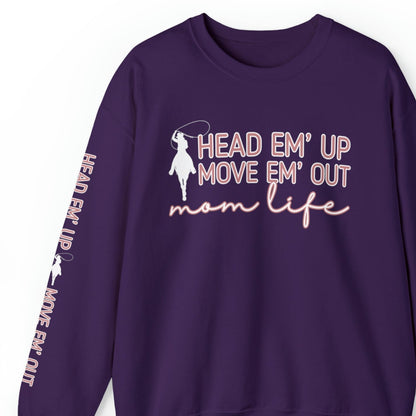 Women's 'Head 'Em Up, Move 'Em Out Mom Life' Sweatshirt with Lasso and Sleeve Detail - Eddy and Rita