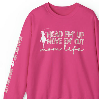 Women's 'Head 'Em Up, Move 'Em Out Mom Life' Sweatshirt with Lasso and Sleeve Detail - Eddy and Rita