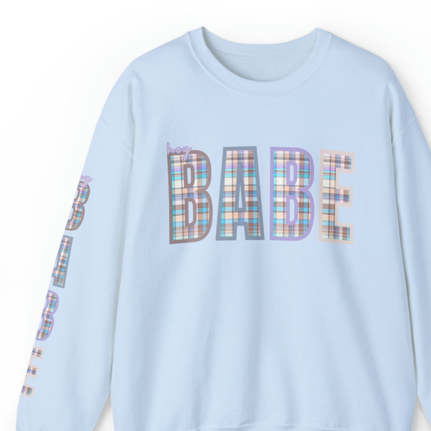 Women's 'Hey Babe' Pastel Plaid Sweatshirt with Stylish Sleeve Detail - Eddy and Rita