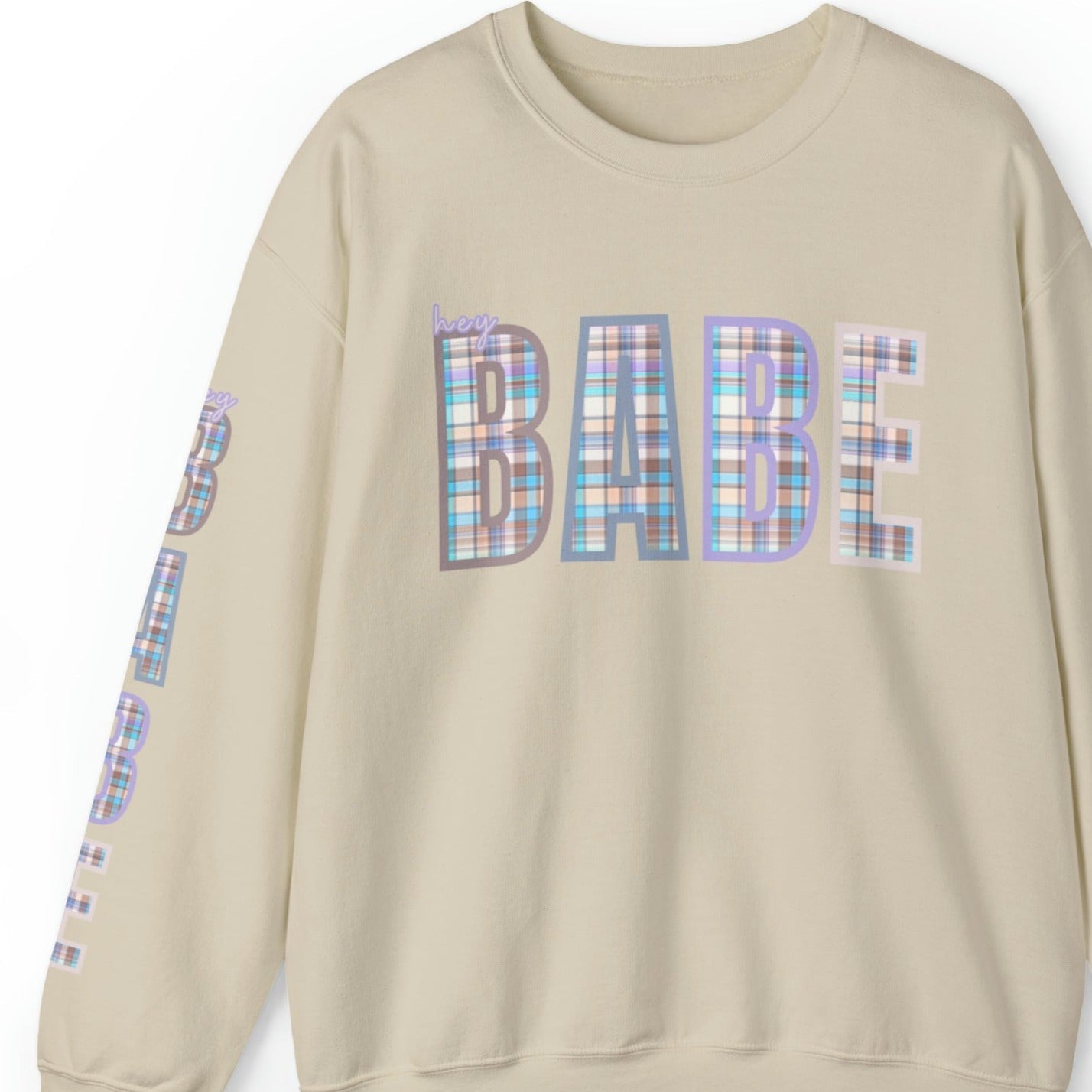 Women's 'Hey Babe' Pastel Plaid Sweatshirt with Stylish Sleeve Detail - Eddy and Rita