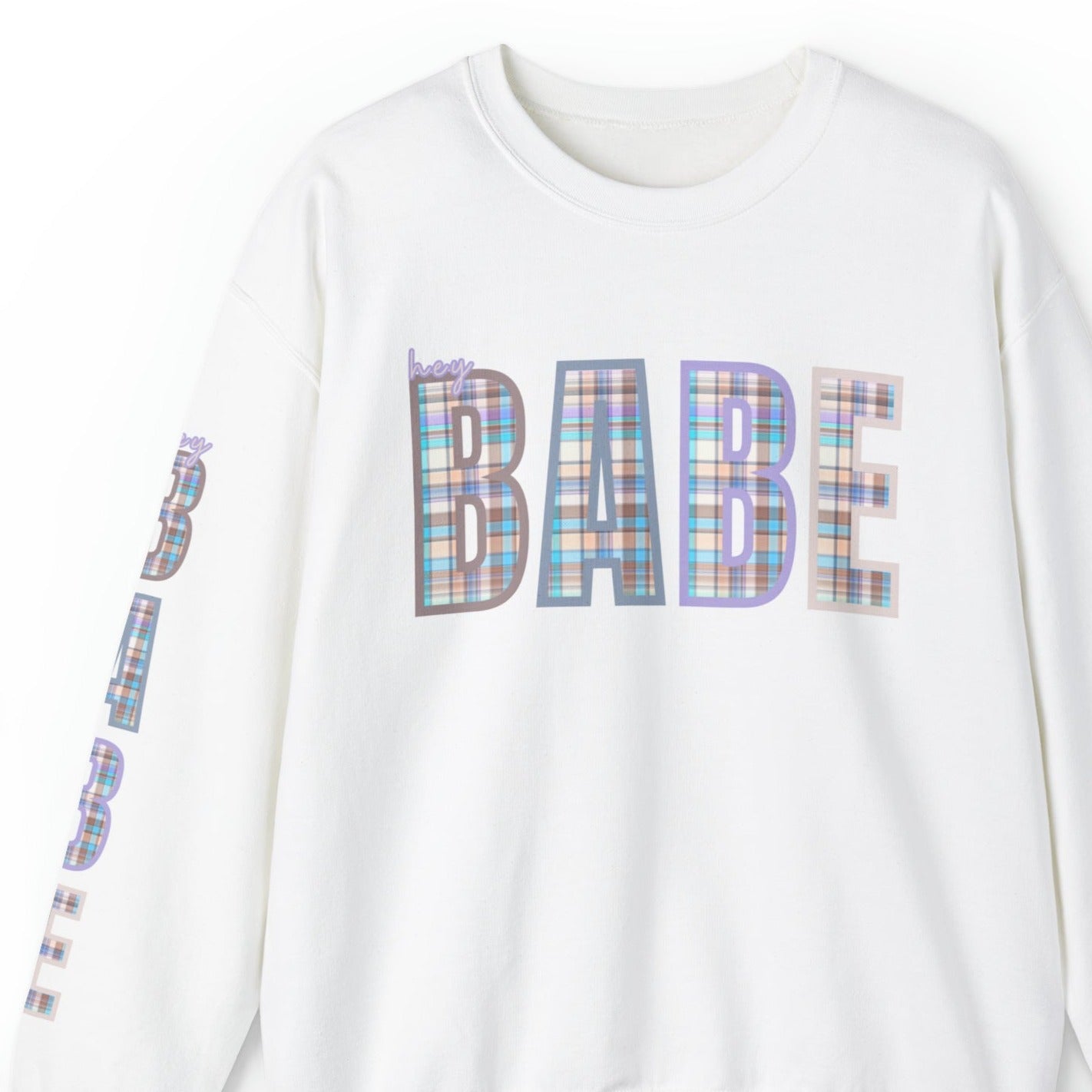 Women's 'Hey Babe' Pastel Plaid Sweatshirt with Stylish Sleeve Detail - Eddy and Rita