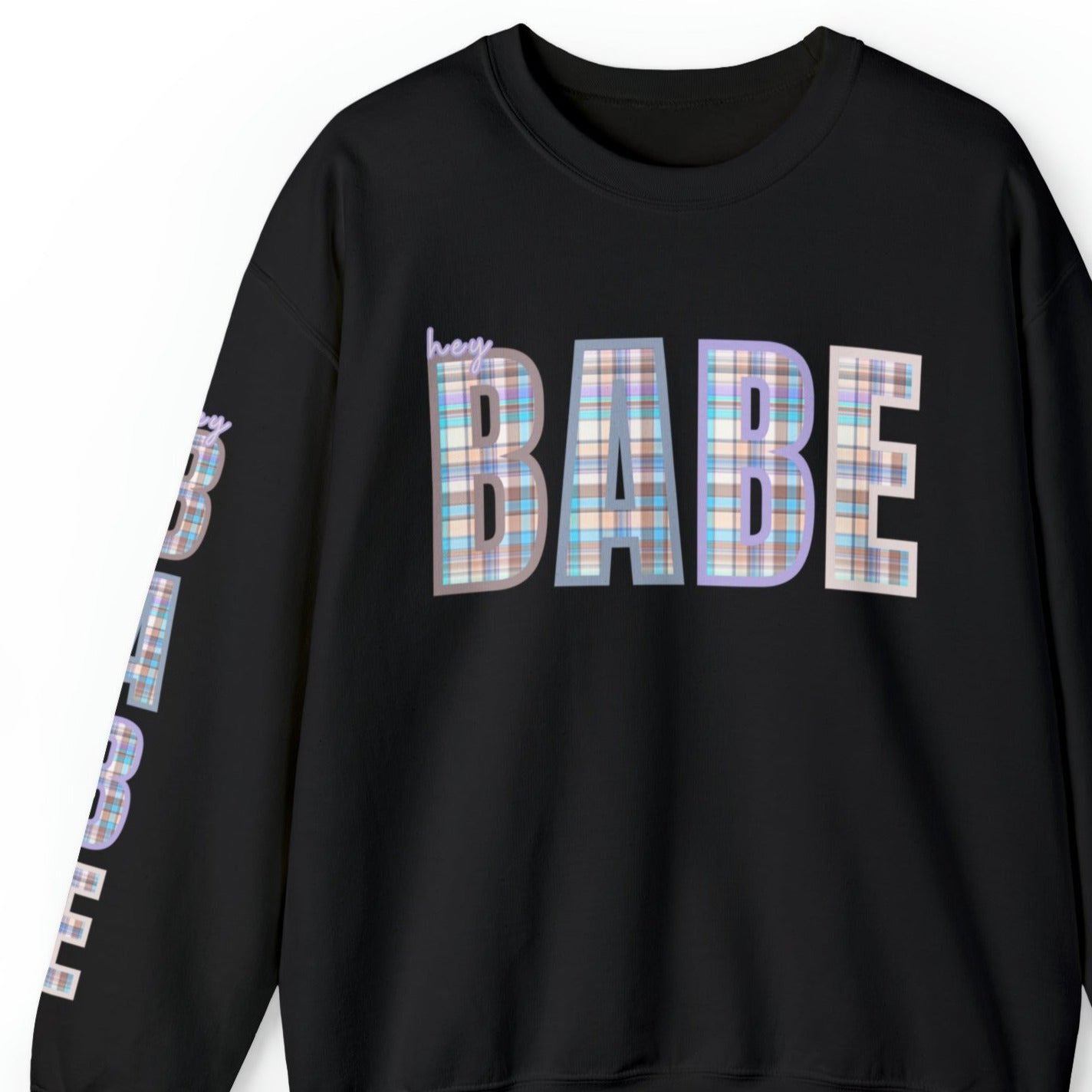 Women's 'Hey Babe' Pastel Plaid Sweatshirt with Stylish Sleeve Detail - Eddy and Rita