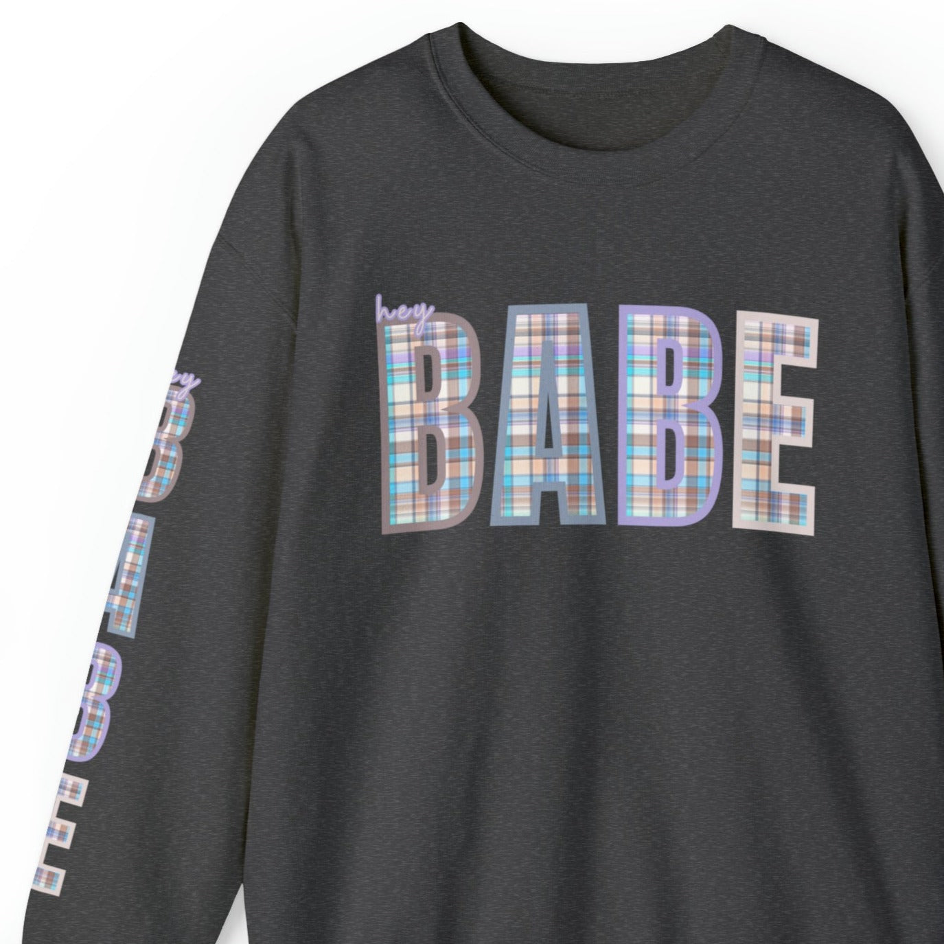 Women's 'Hey Babe' Pastel Plaid Sweatshirt with Stylish Sleeve Detail - Eddy and Rita