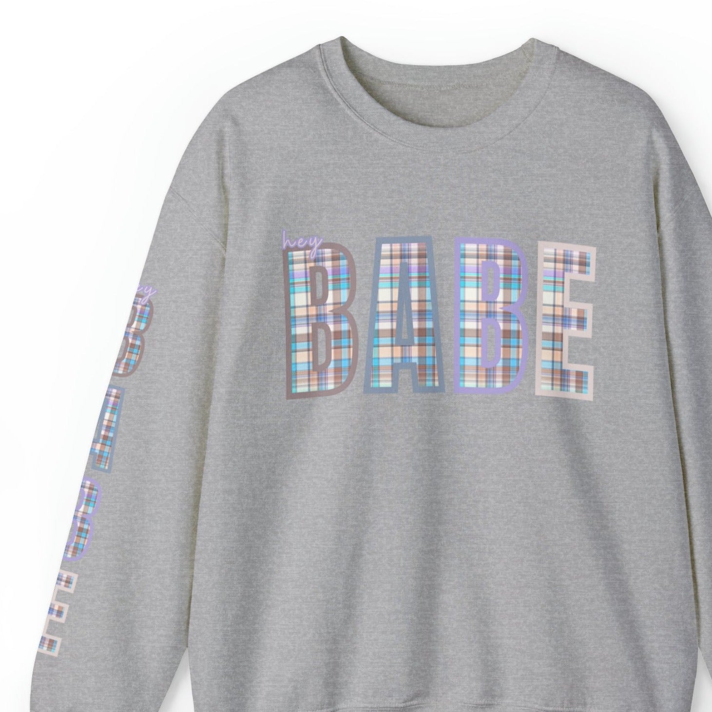 Women's 'Hey Babe' Pastel Plaid Sweatshirt with Stylish Sleeve Detail - Eddy and Rita